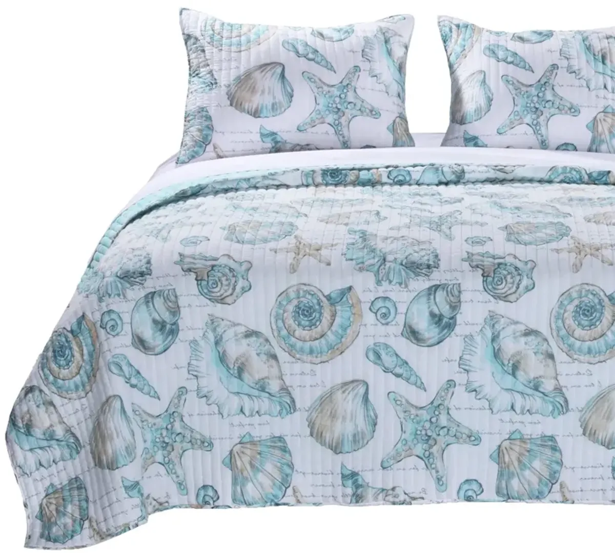 QuikFurn King size Coastal Seashells 3 Piece White Teal Polyester Reversible Quilt Set