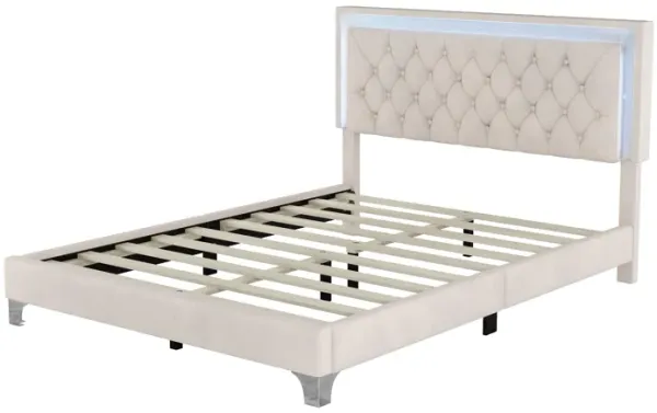 3-Pieces Bedroom Sets, Queen Size Upholstered Platform Bed With LED Lights And Two Nightstands-Beige