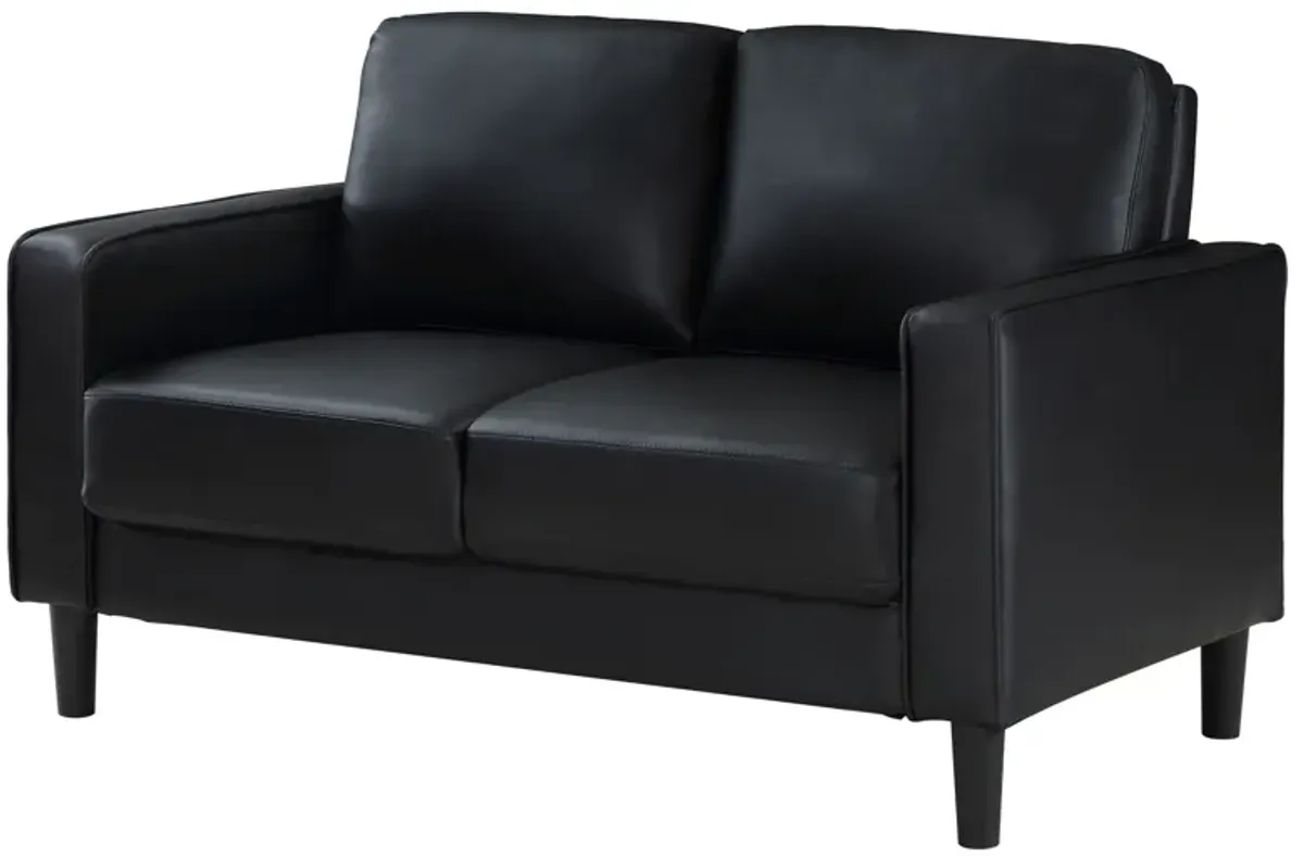 Rumi Loveseat, Black Faux Leather, Modern Track Style Arms, Foam, 54 Inch - Benzara