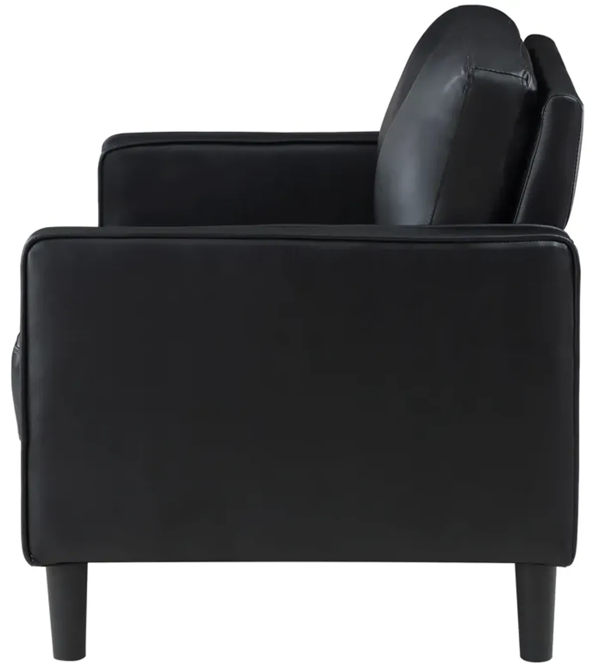 Rumi Loveseat, Black Faux Leather, Modern Track Style Arms, Foam, 54 Inch - Benzara