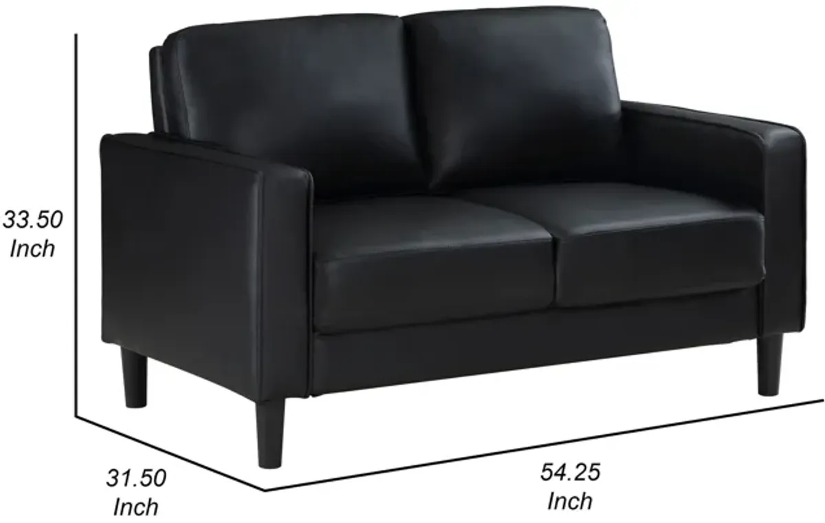 Rumi Loveseat, Black Faux Leather, Modern Track Style Arms, Foam, 54 Inch - Benzara