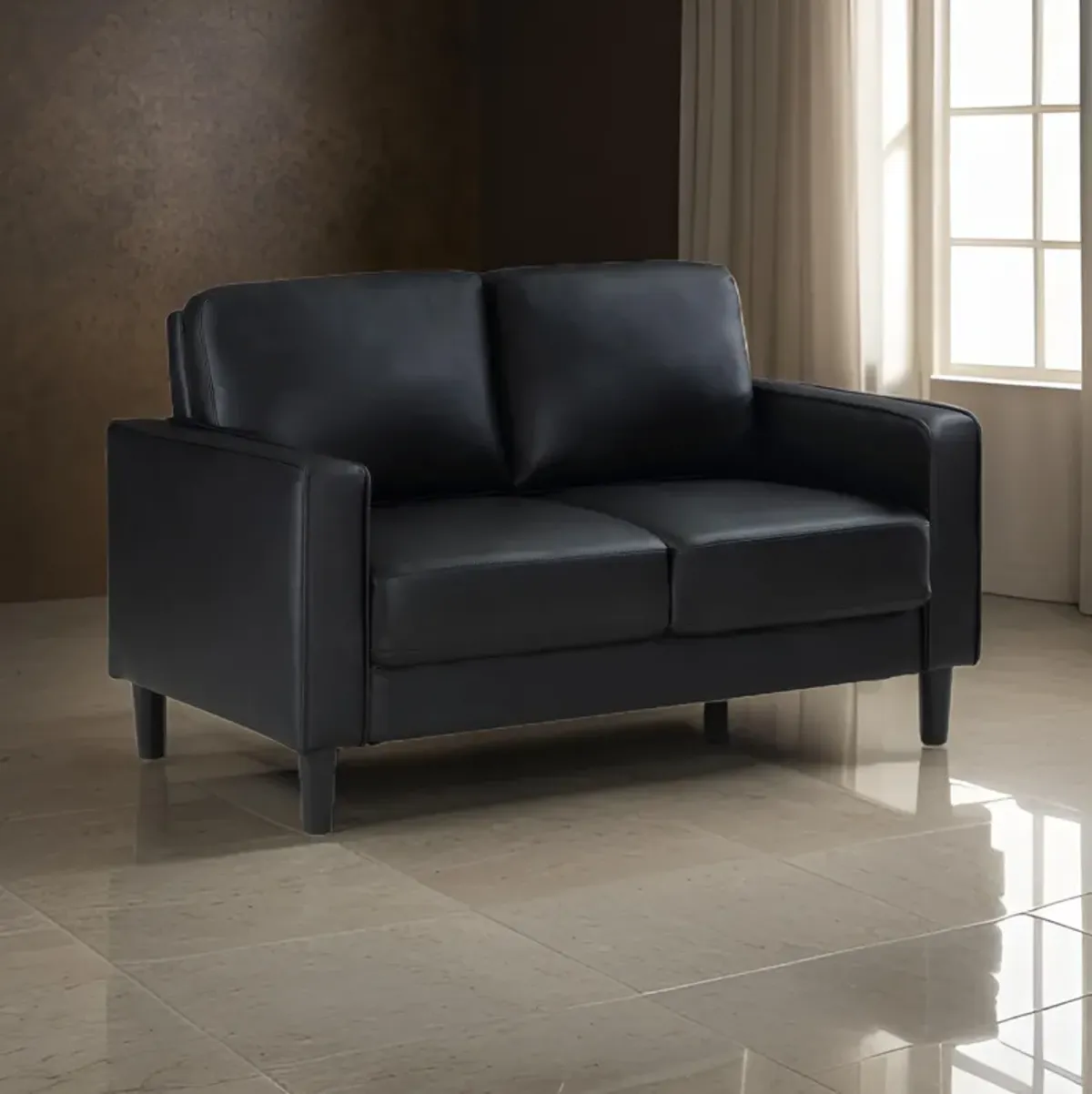 Rumi Loveseat, Black Faux Leather, Modern Track Style Arms, Foam, 54 Inch - Benzara