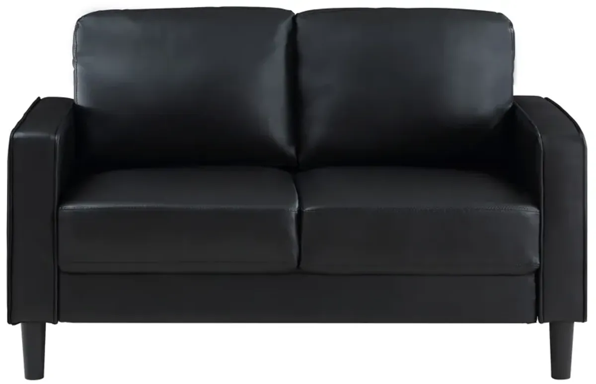 Rumi Loveseat, Black Faux Leather, Modern Track Style Arms, Foam, 54 Inch - Benzara