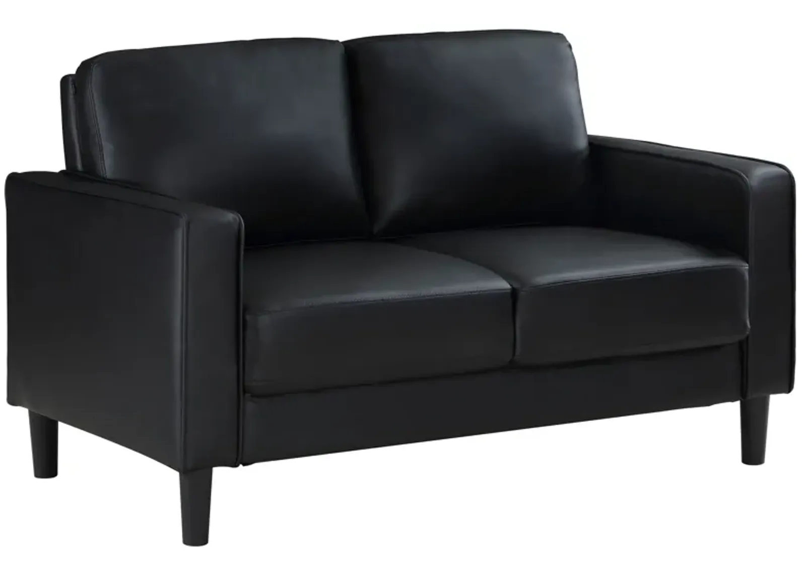 Rumi Loveseat, Black Faux Leather, Modern Track Style Arms, Foam, 54 Inch - Benzara