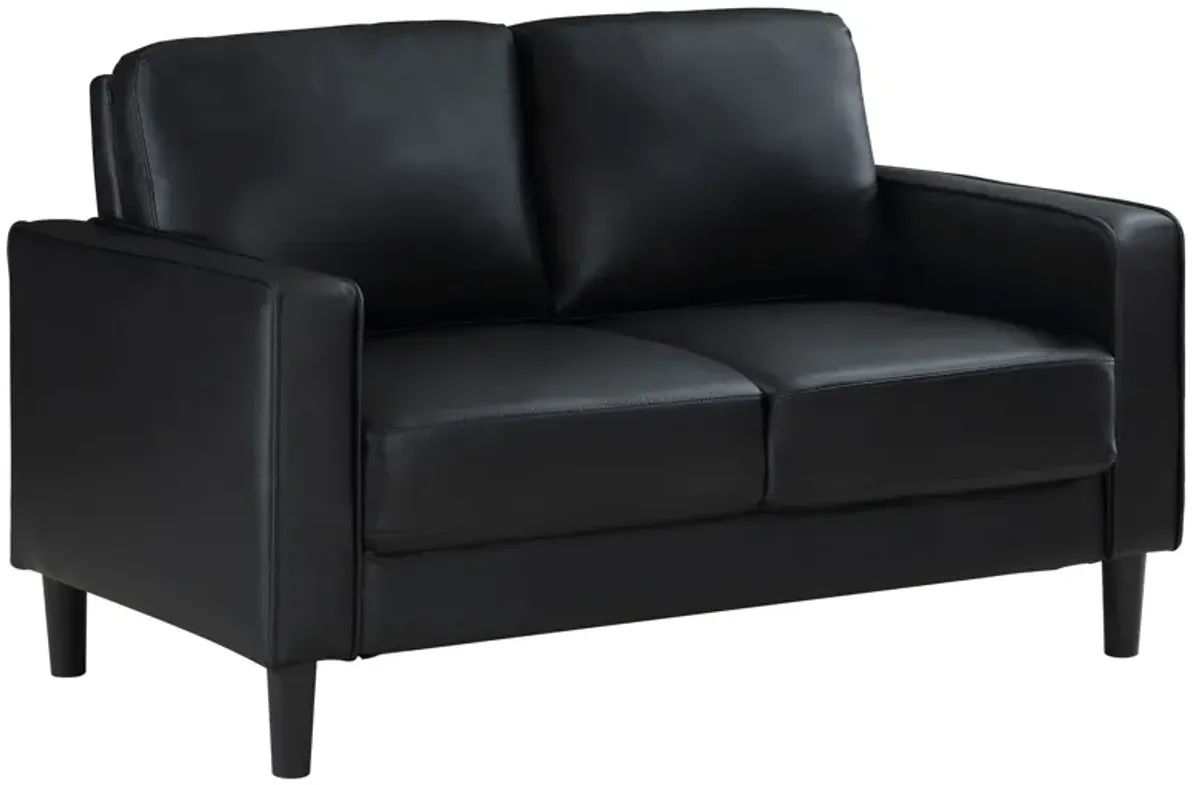 Rumi Loveseat, Black Faux Leather, Modern Track Style Arms, Foam, 54 Inch - Benzara