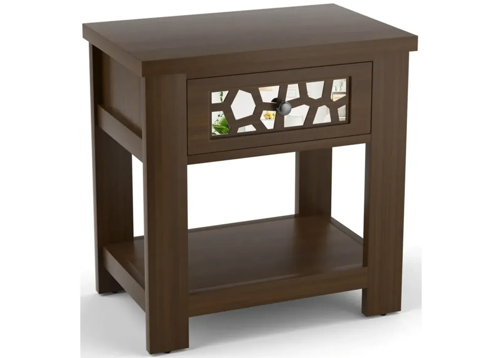 Wood Retro End Table with Mirrored Glass Drawer and Open Storage Shelf