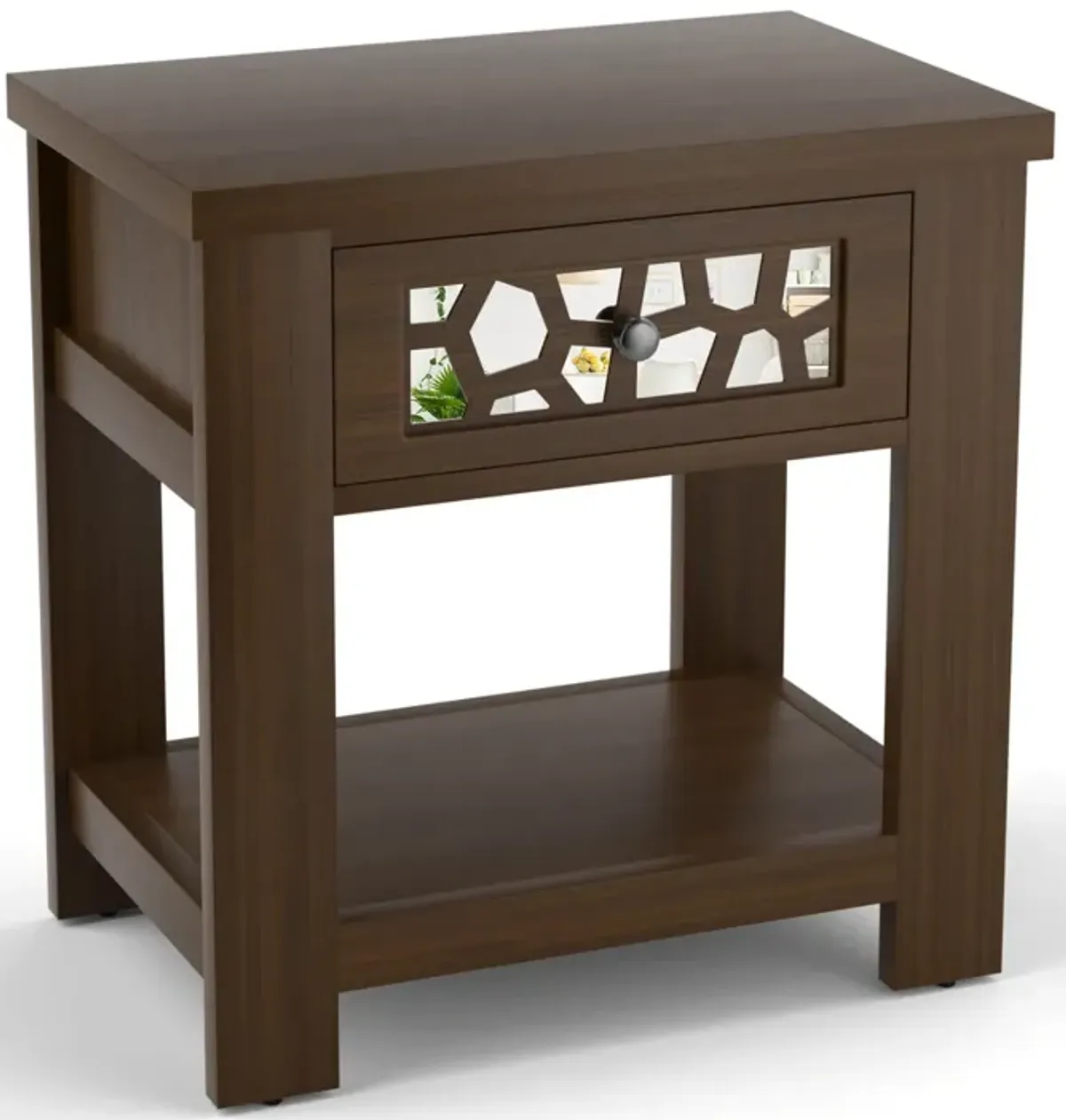 Wood Retro End Table with Mirrored Glass Drawer and Open Storage Shelf