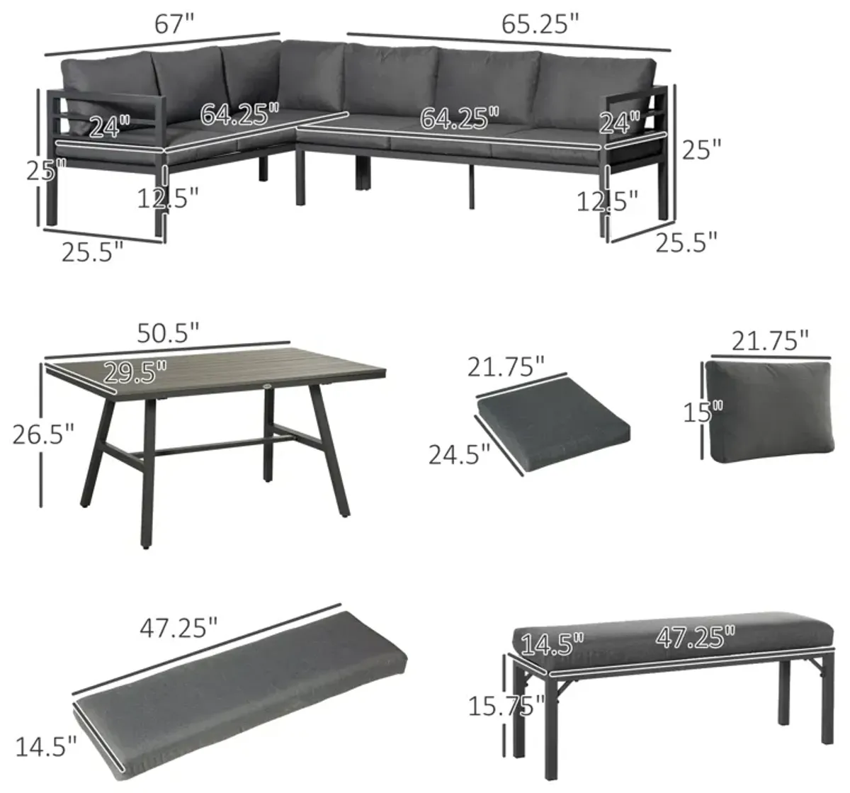 Grey Outdoor Lounge: 4PC Aluminium Patio Set with Bench