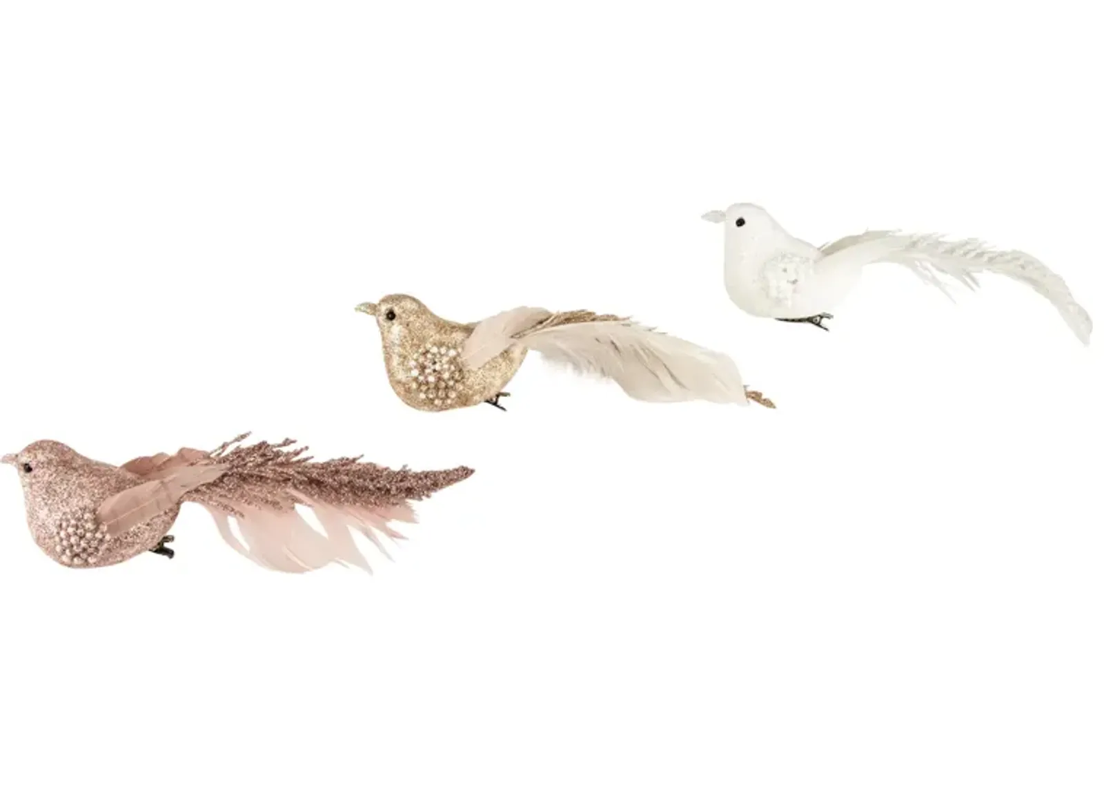 Set of 3 Glittered Pink  White and Champagne Bird Christmas Ornament with Clip  6.5"