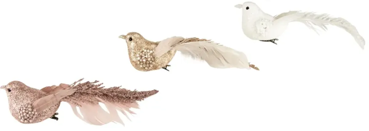 Set of 3 Glittered Pink  White and Champagne Bird Christmas Ornament with Clip  6.5"