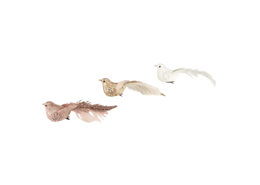 Set of 3 Glittered Pink  White and Champagne Bird Christmas Ornament with Clip  6.5"