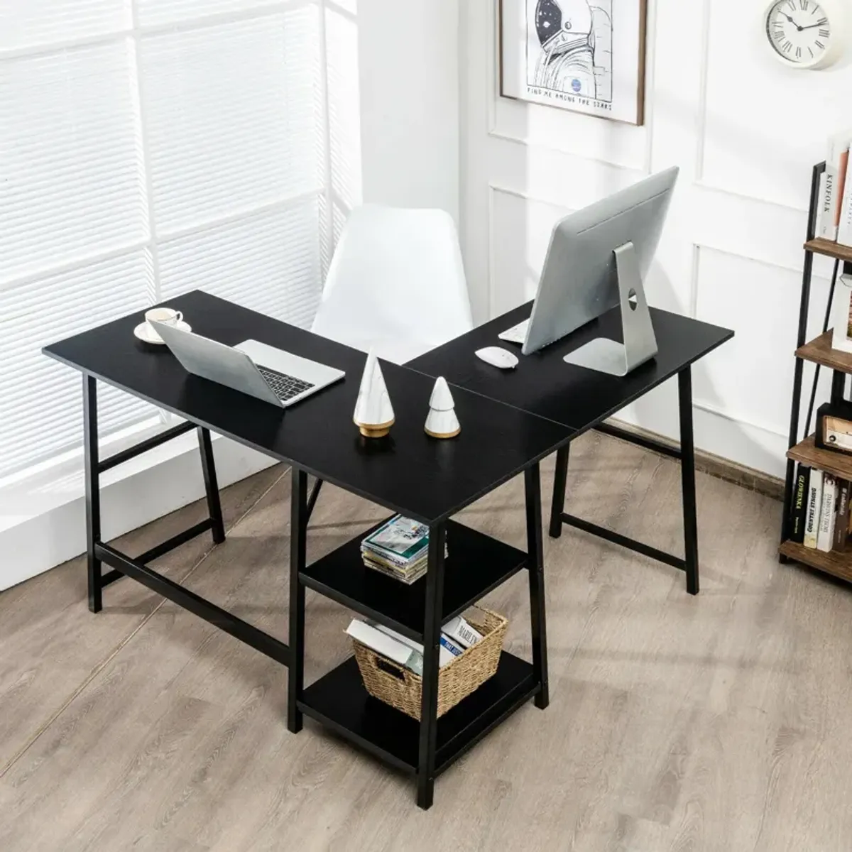 L Shaped Corner Computer Desk with Storage Shelves