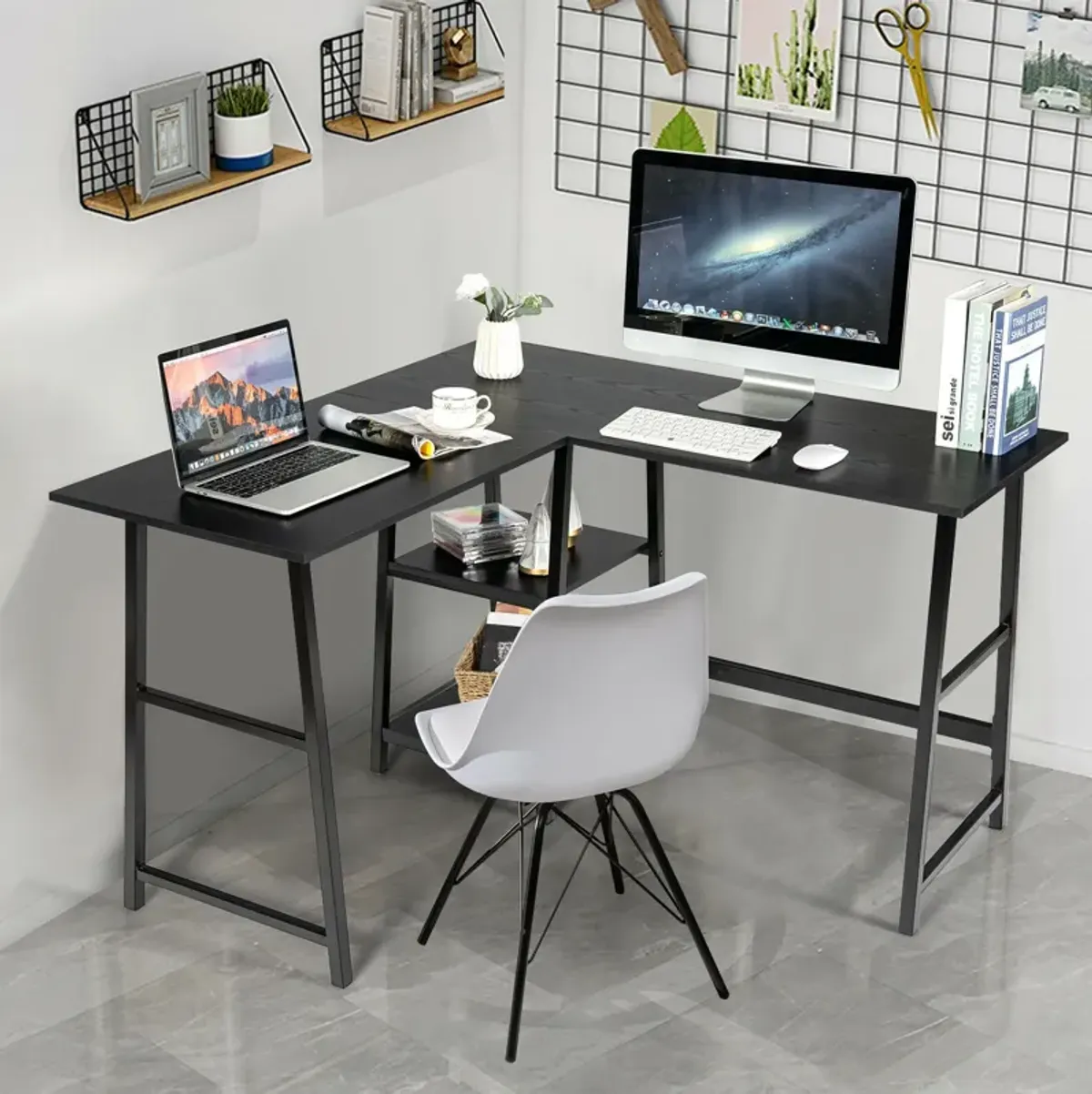 L Shaped Corner Computer Desk with Storage Shelves