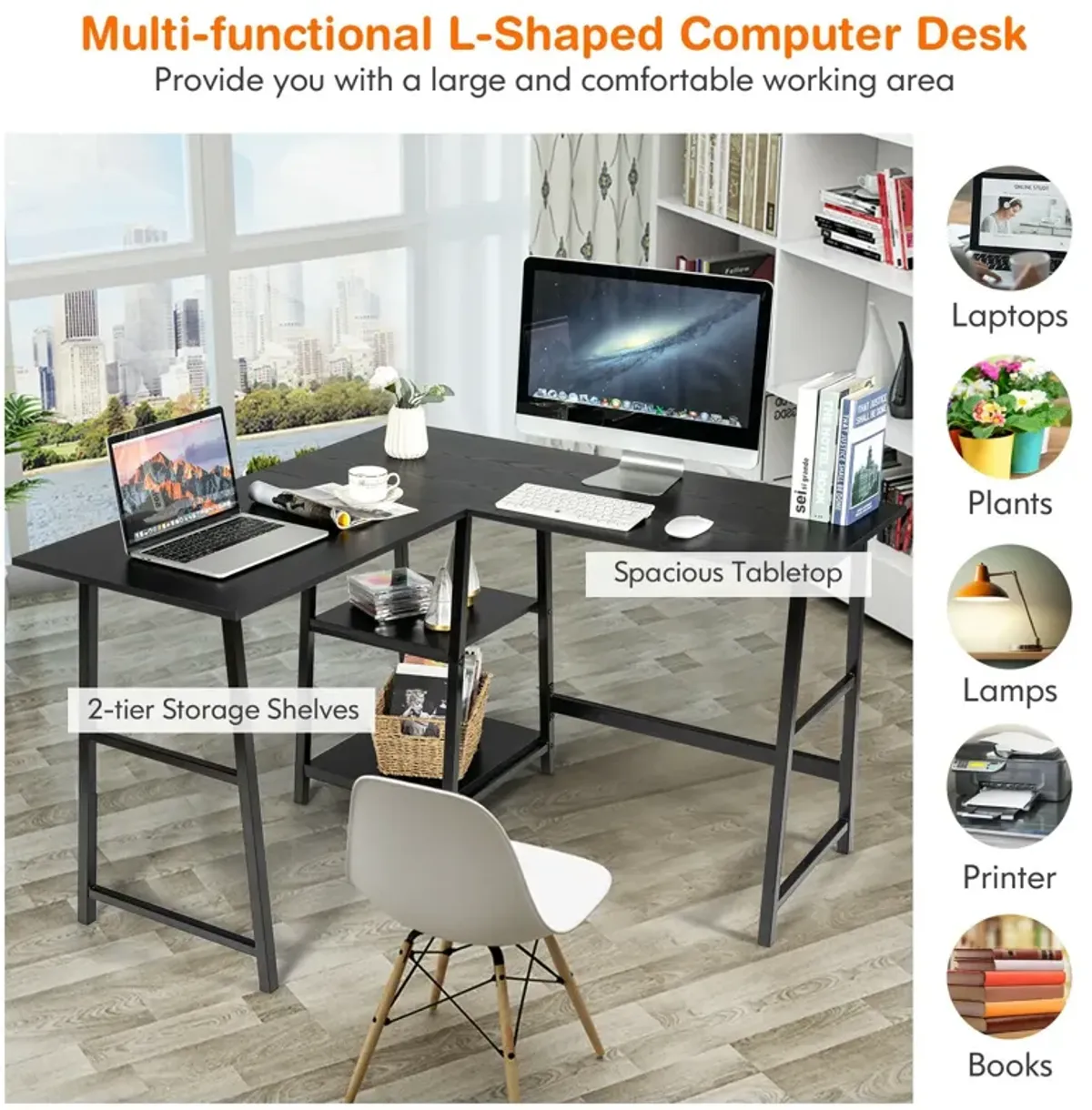 L Shaped Corner Computer Desk with Storage Shelves