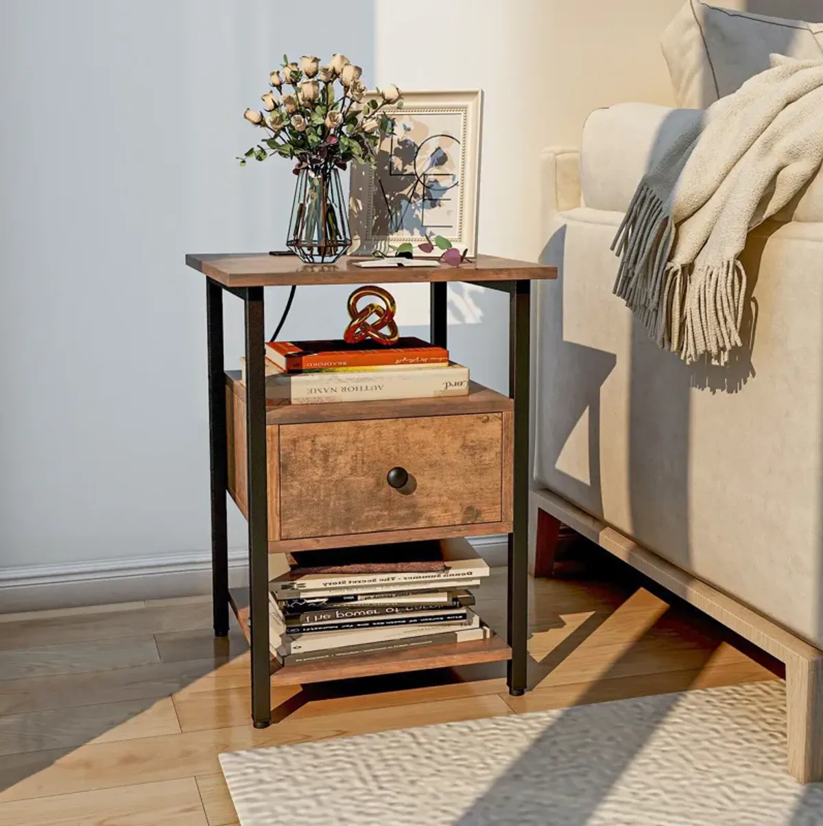 3-Tier Nightstand with Charging Station and Drawer-1 Piece