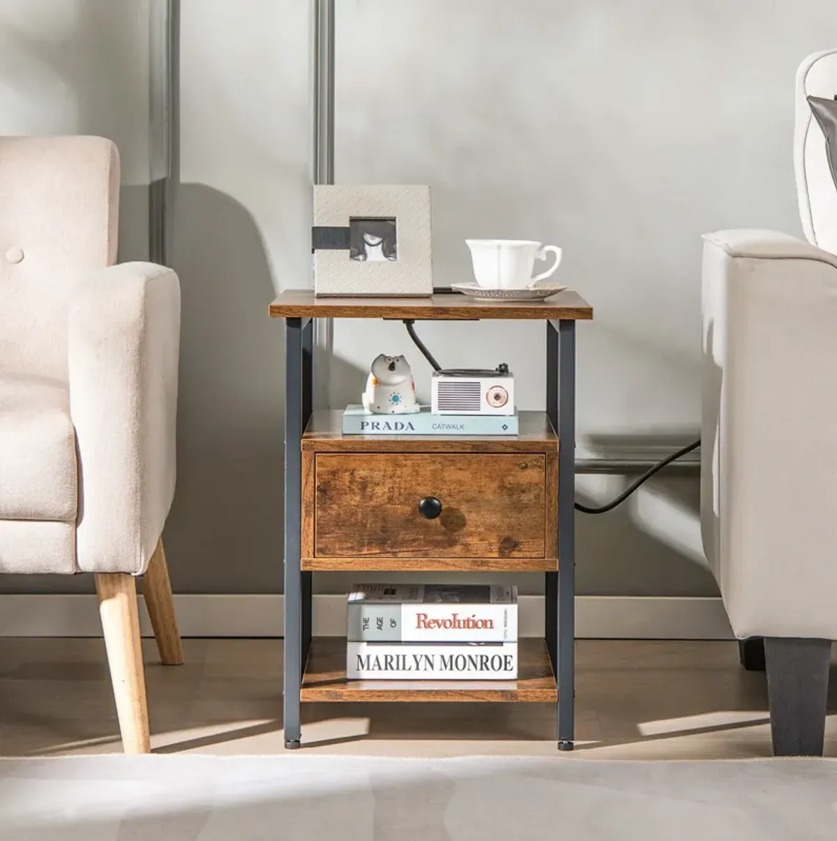 3-Tier Nightstand with Charging Station and Drawer-1 Piece