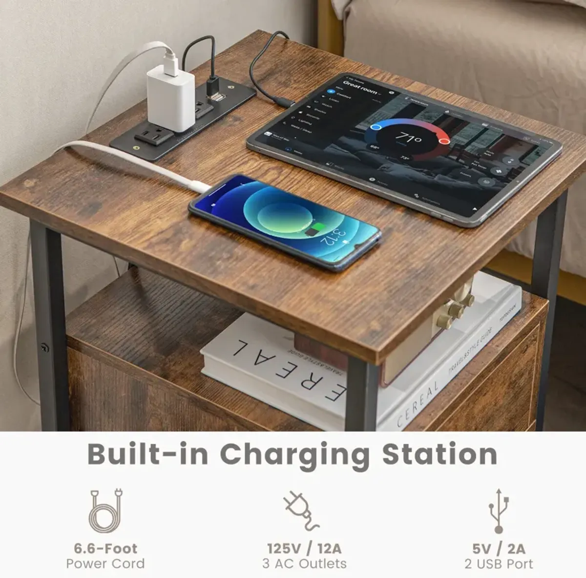 3-Tier Nightstand with Charging Station and Drawer-1 Piece