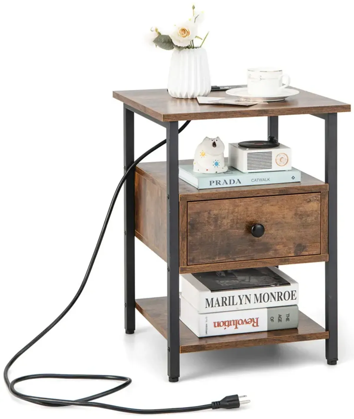 3-Tier Nightstand with Charging Station and Drawer-1 Piece