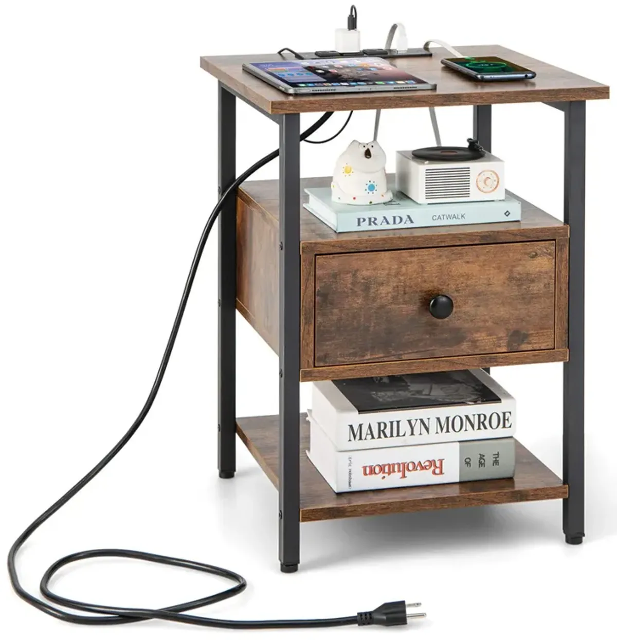 3-Tier Nightstand with Charging Station and Drawer-1 Piece