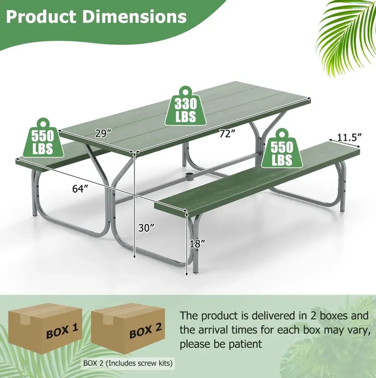 6 Feet Picnic Table Bench Set with HDPE Tabletop for 8 Person