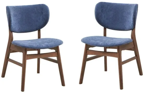 Evis 23 Inch Side Dining Chair Set of 2, Walnut Brown, Soft Blue Fabric - Benzara