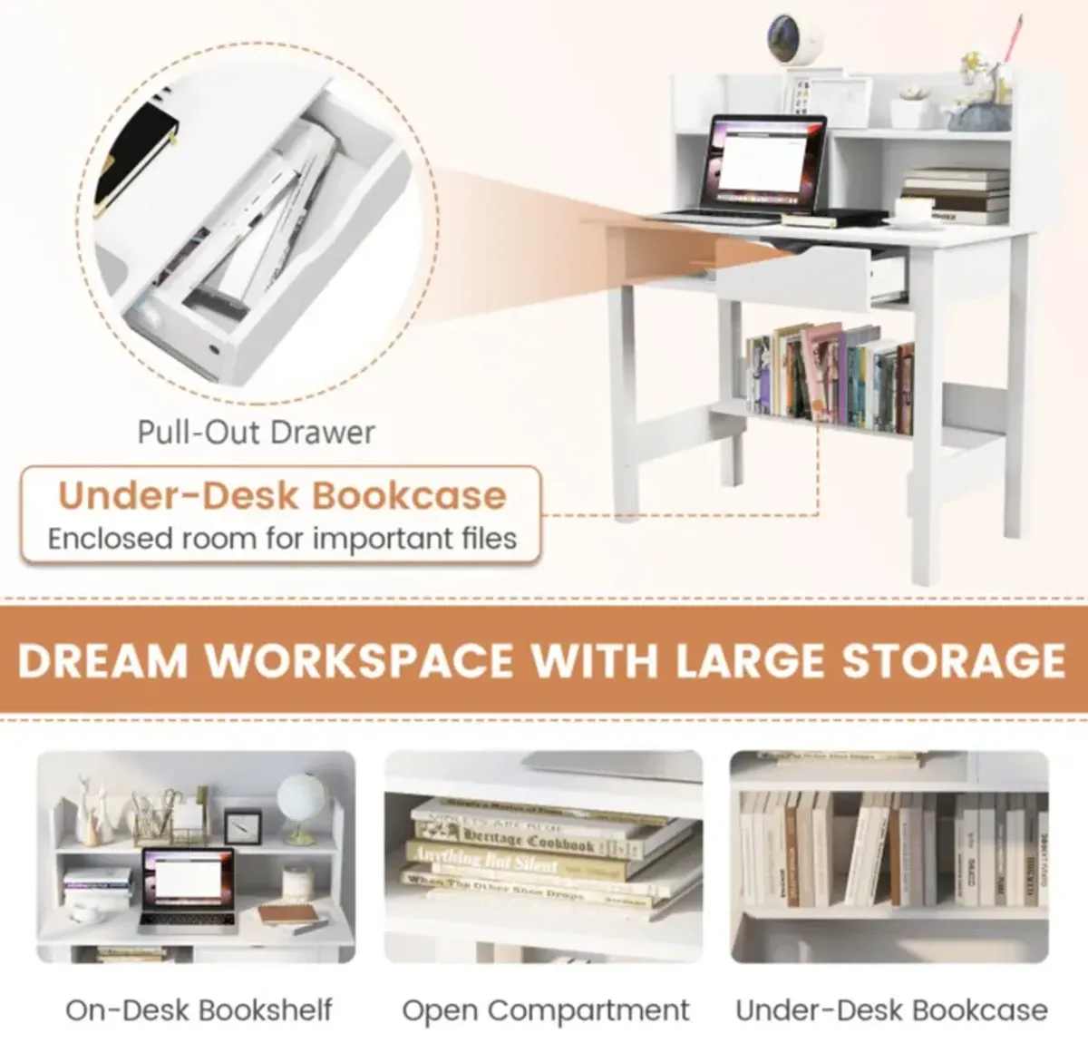 Hivvago Home Office Computer Desk with Storage Shelves and Drawer Ideal for Working and Studying