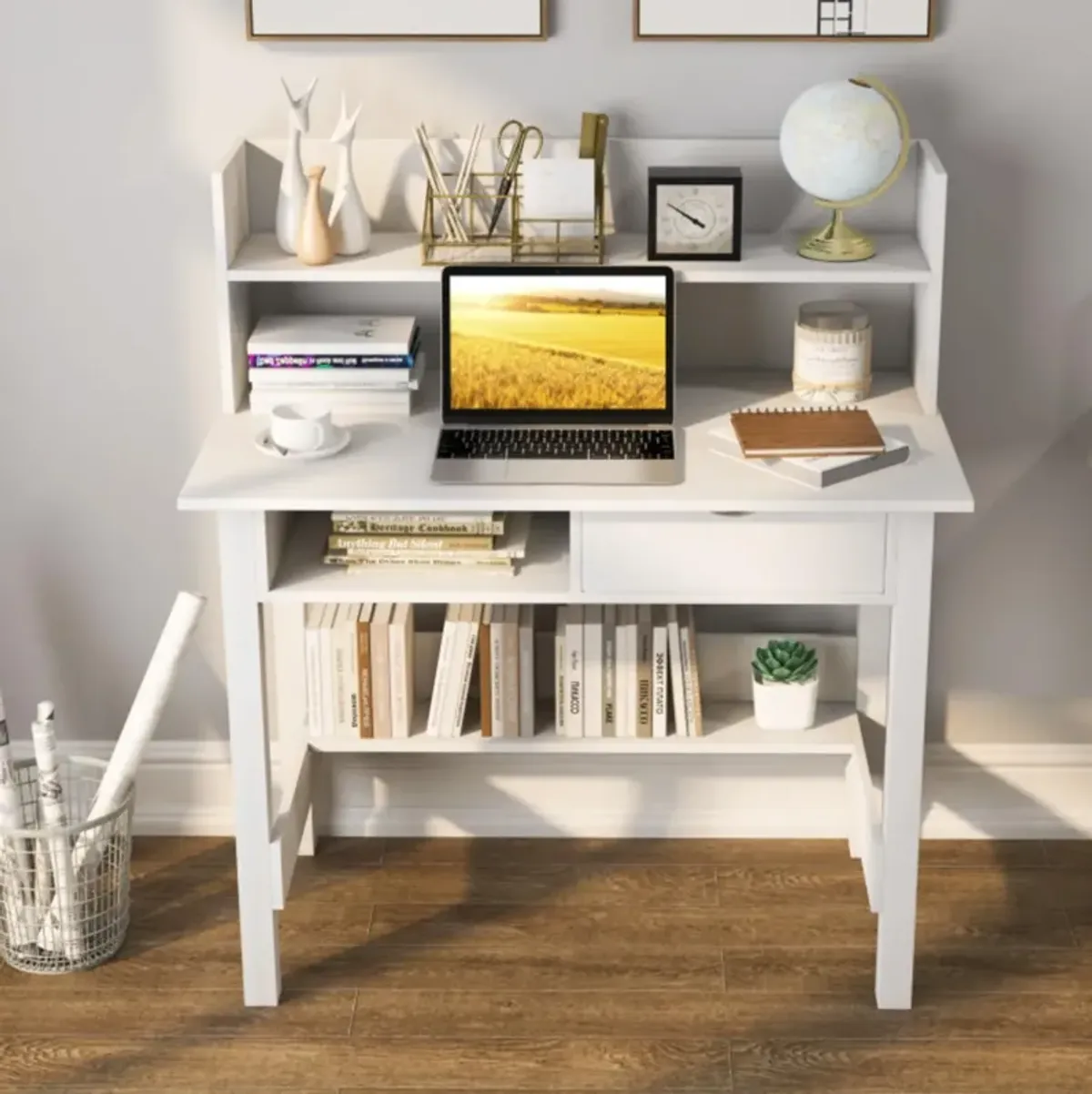 Hivvago Home Office Computer Desk with Storage Shelves and Drawer Ideal for Working and Studying