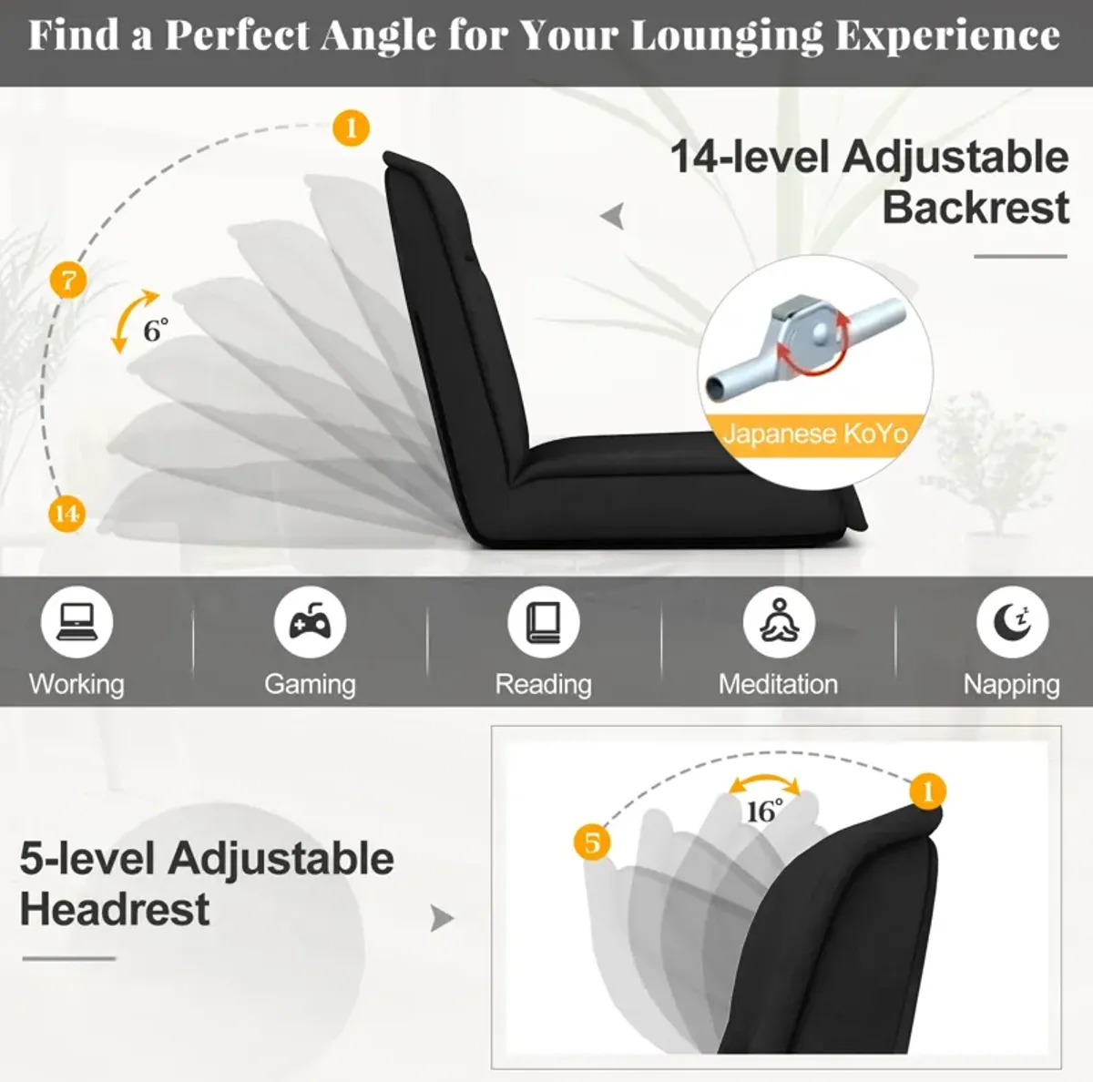 Folding Floor Chair Convertible Lazy Chair with 14-Poistion Adjustable Backrest