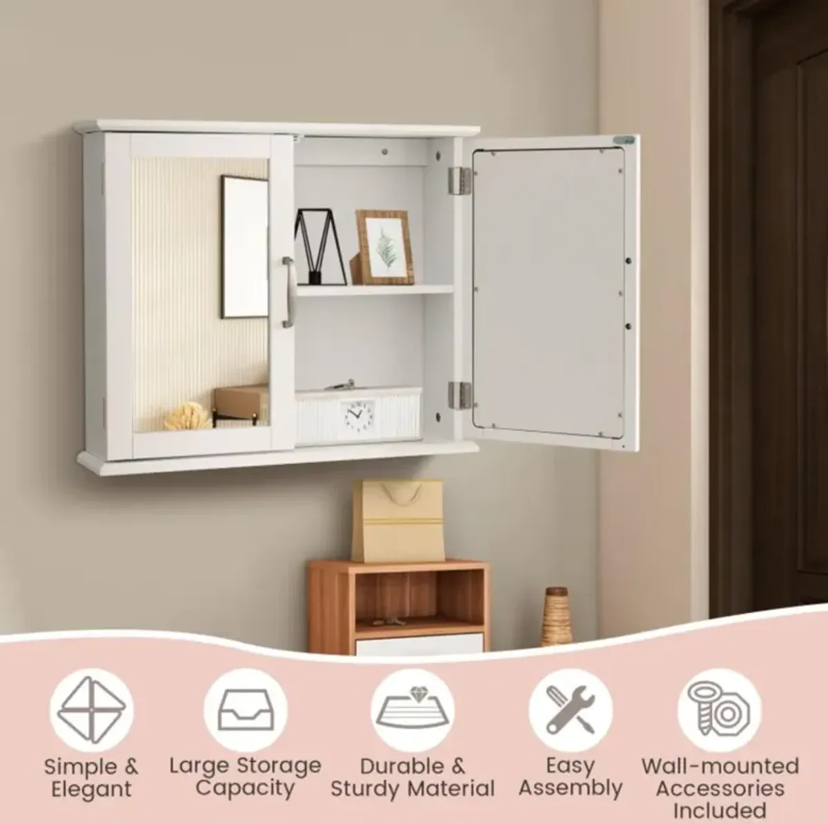 Hivvago 2-Tier Wall-Mounted Mirror Storage Cabinet with Handles for Bathroom