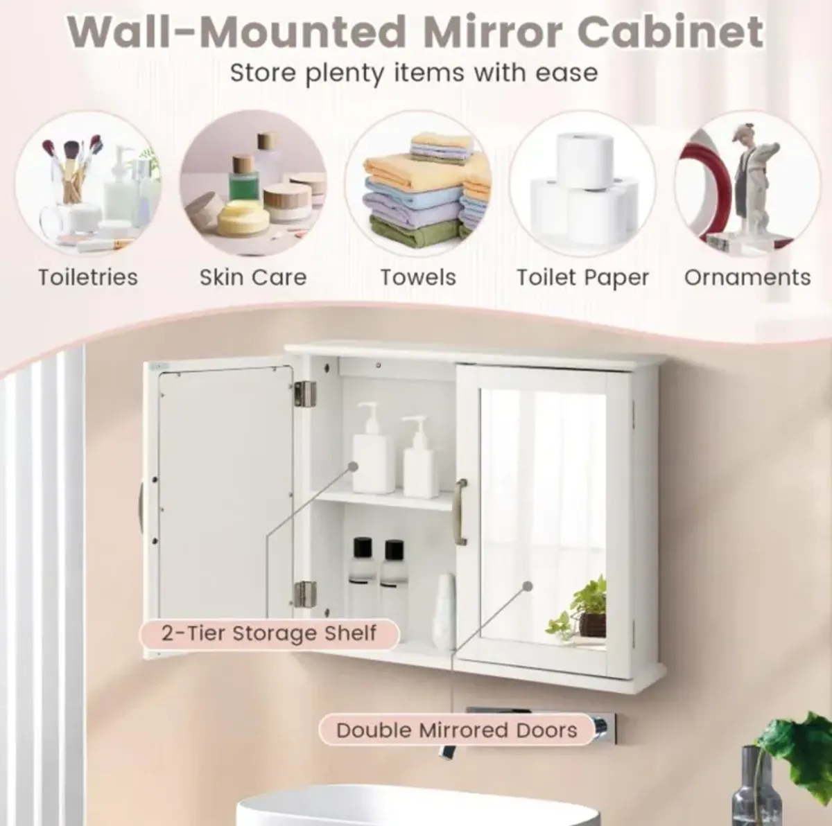 Hivvago 2-Tier Wall-Mounted Mirror Storage Cabinet with Handles for Bathroom