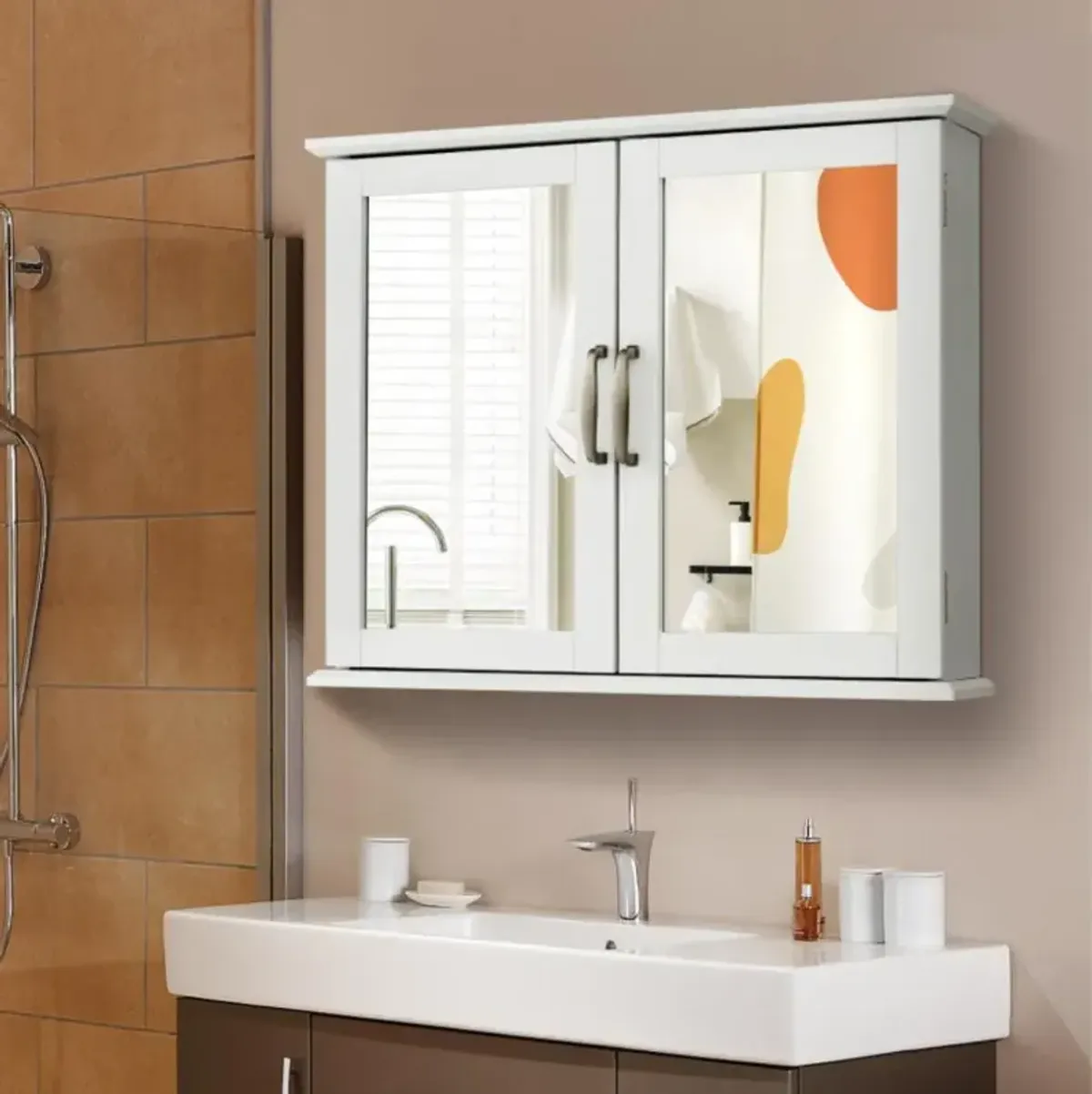 Hivvago 2-Tier Wall-Mounted Mirror Storage Cabinet with Handles for Bathroom