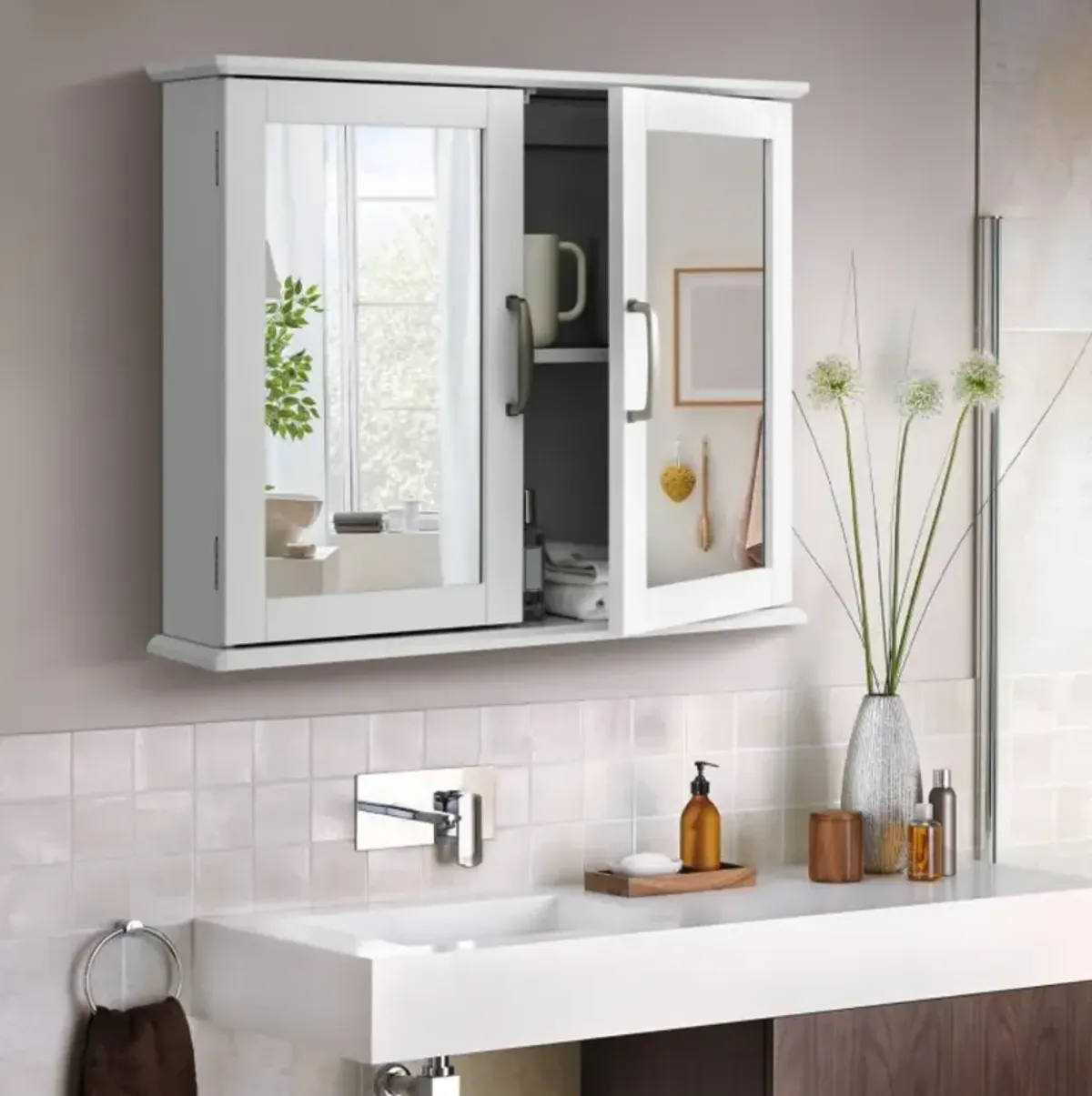 Hivvago 2-Tier Wall-Mounted Mirror Storage Cabinet with Handles for Bathroom