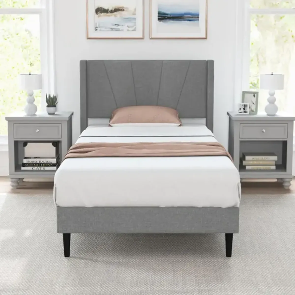 Hivvago Bed Frame with Linen Upholstered Wingback Headboard