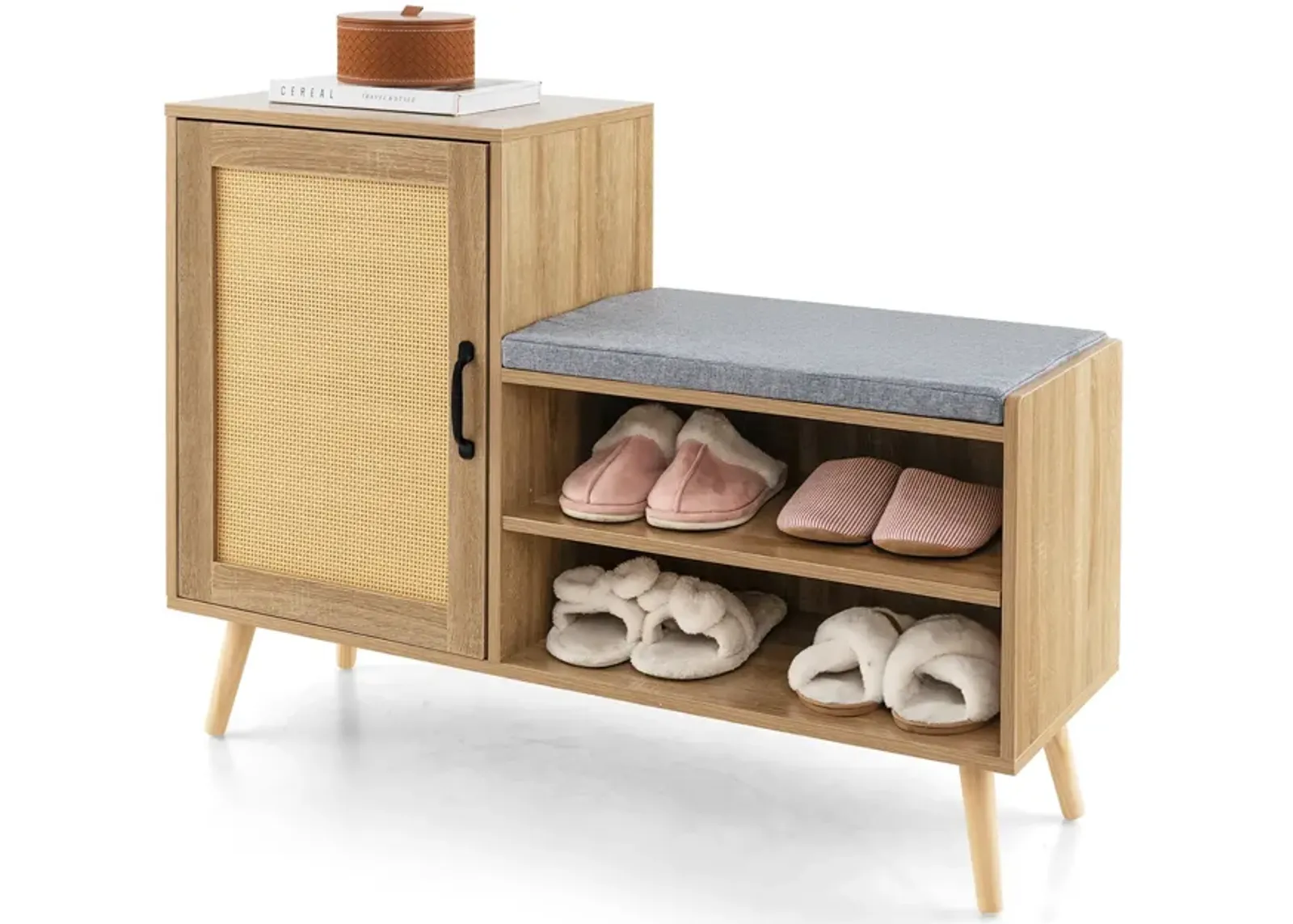 2-in-1 Rattan Shoe Cabinet with Bench Shoe Storage Bench with Washable Cushion-Natural