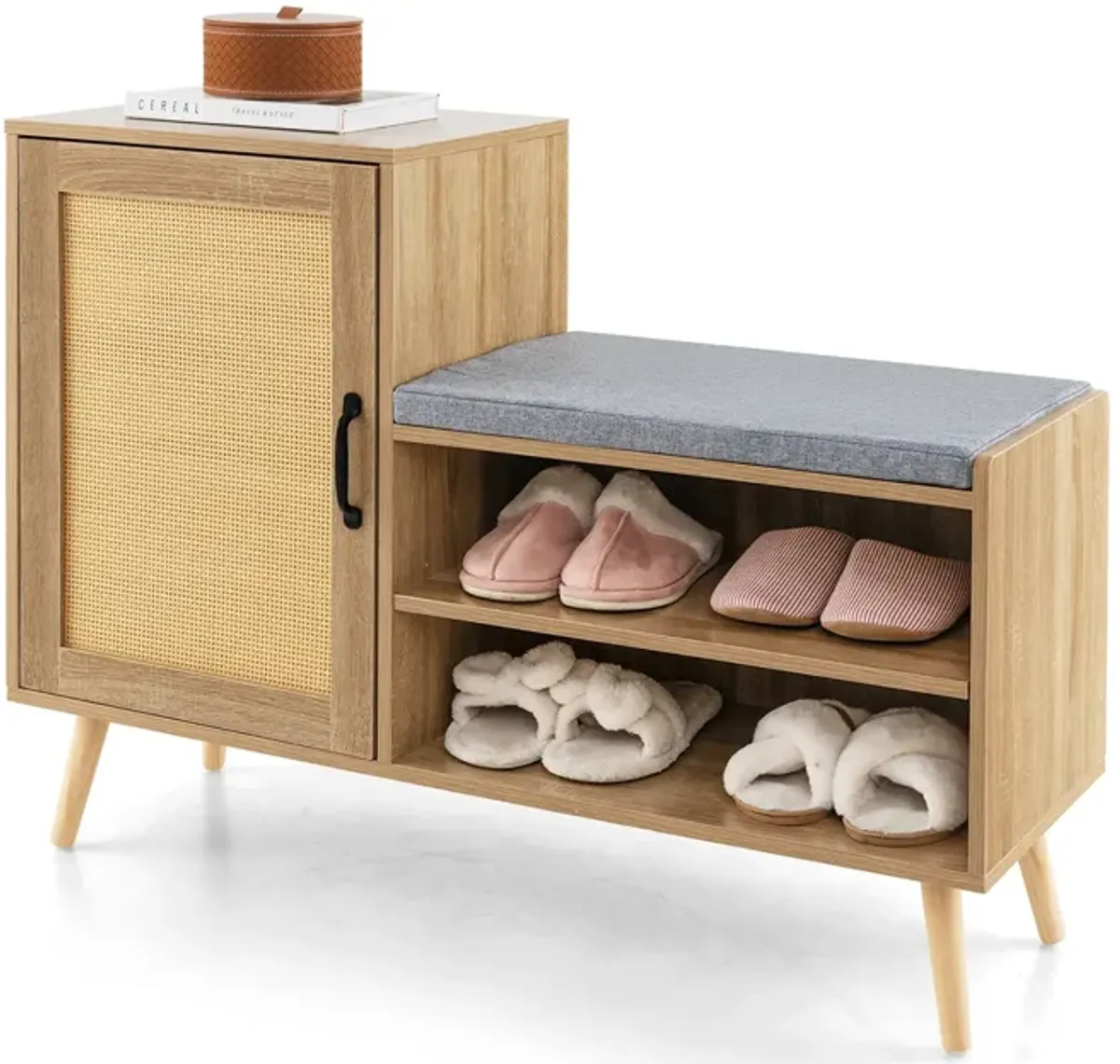 2-in-1 Rattan Shoe Cabinet with Bench Shoe Storage Bench with Washable Cushion-Natural