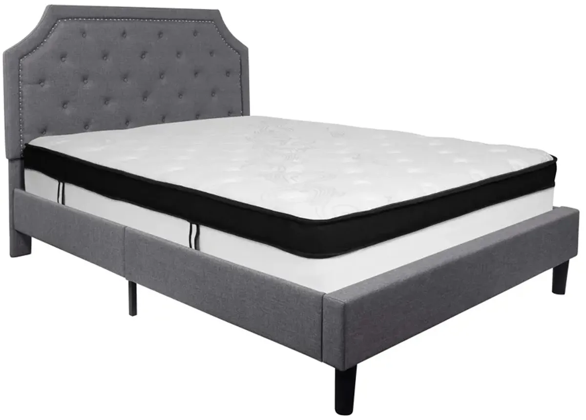 Brighton Queen Size Tufted Upholstered Platform Bed in Light Gray Fabric with Memory Foam Mattress