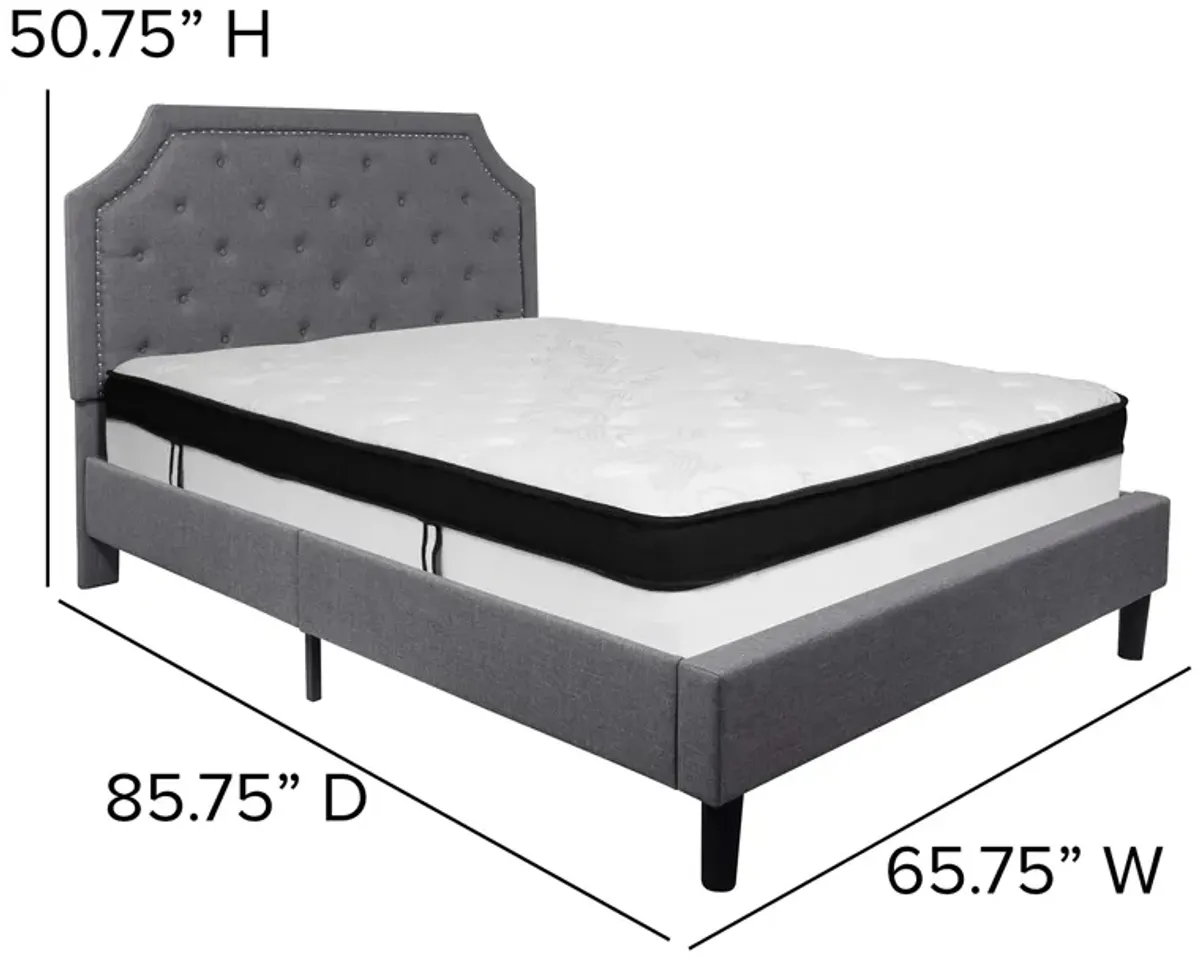 Brighton Queen Size Tufted Upholstered Platform Bed in Light Gray Fabric with Memory Foam Mattress