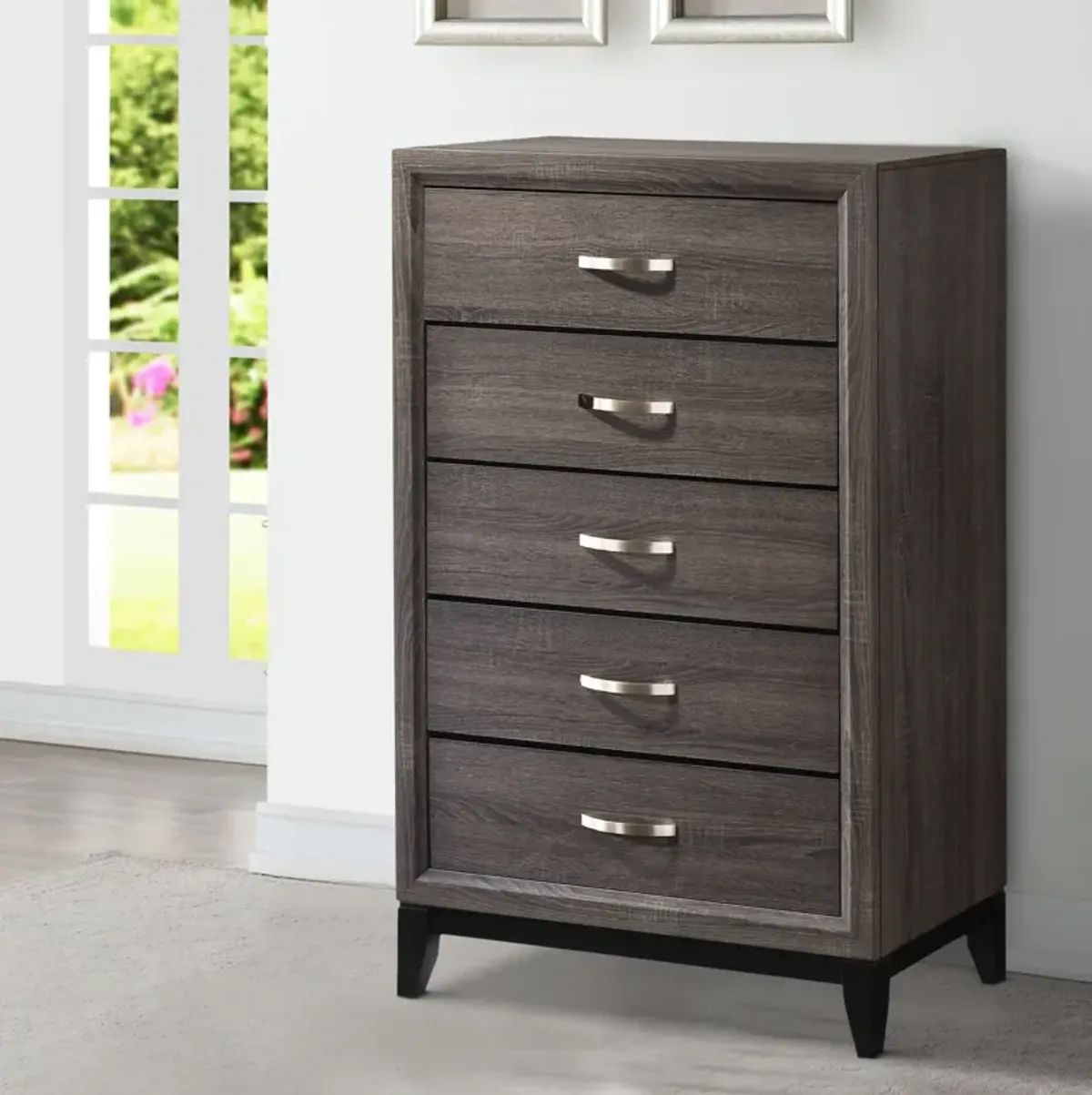 Chest with 5 Storage Drawers and Grain Details, Gray-Benzara