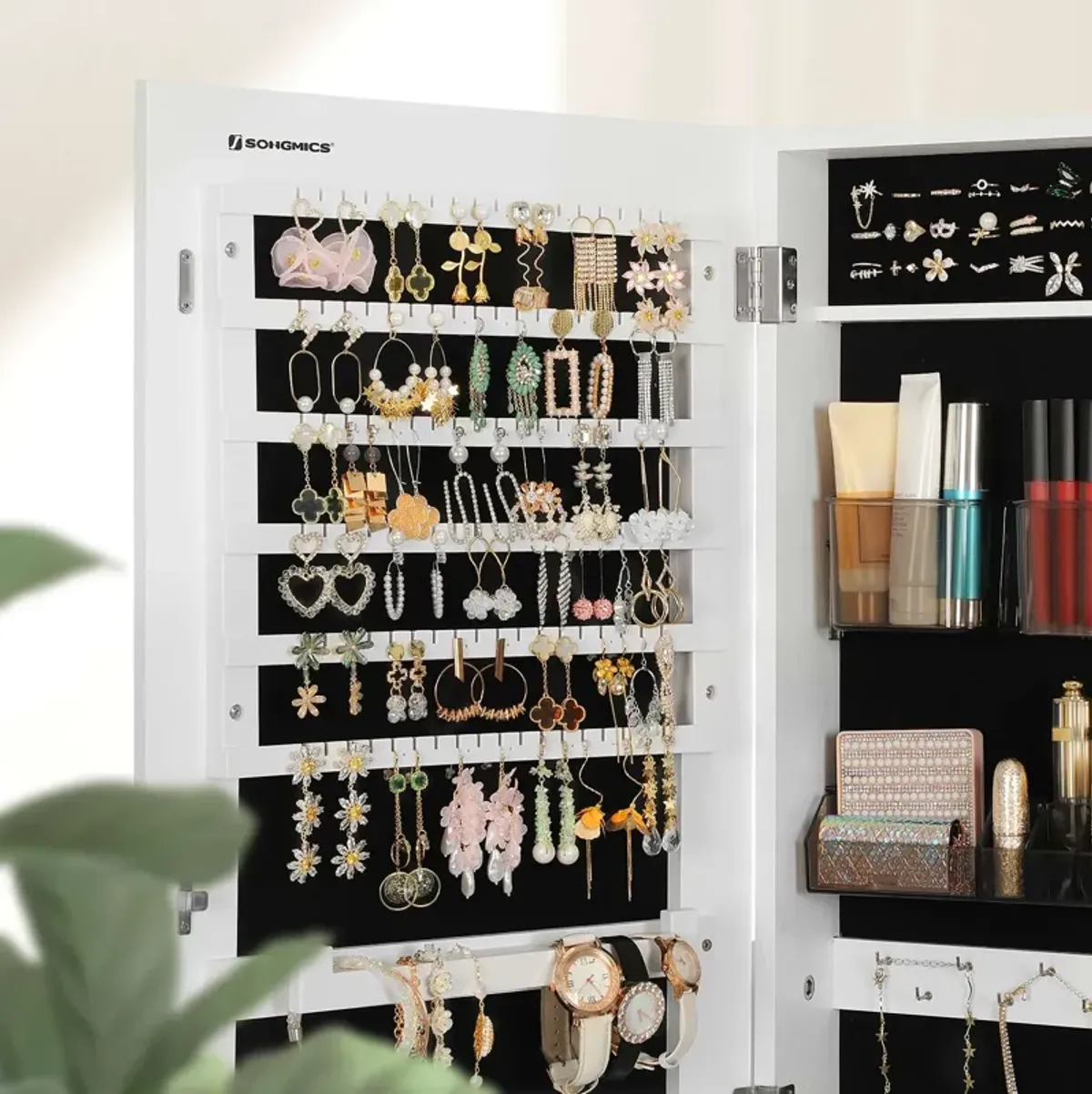 Frameless Full-Length Mirror Jewelry Armoire with Lock and Plastic Cosmetic Storage Trays