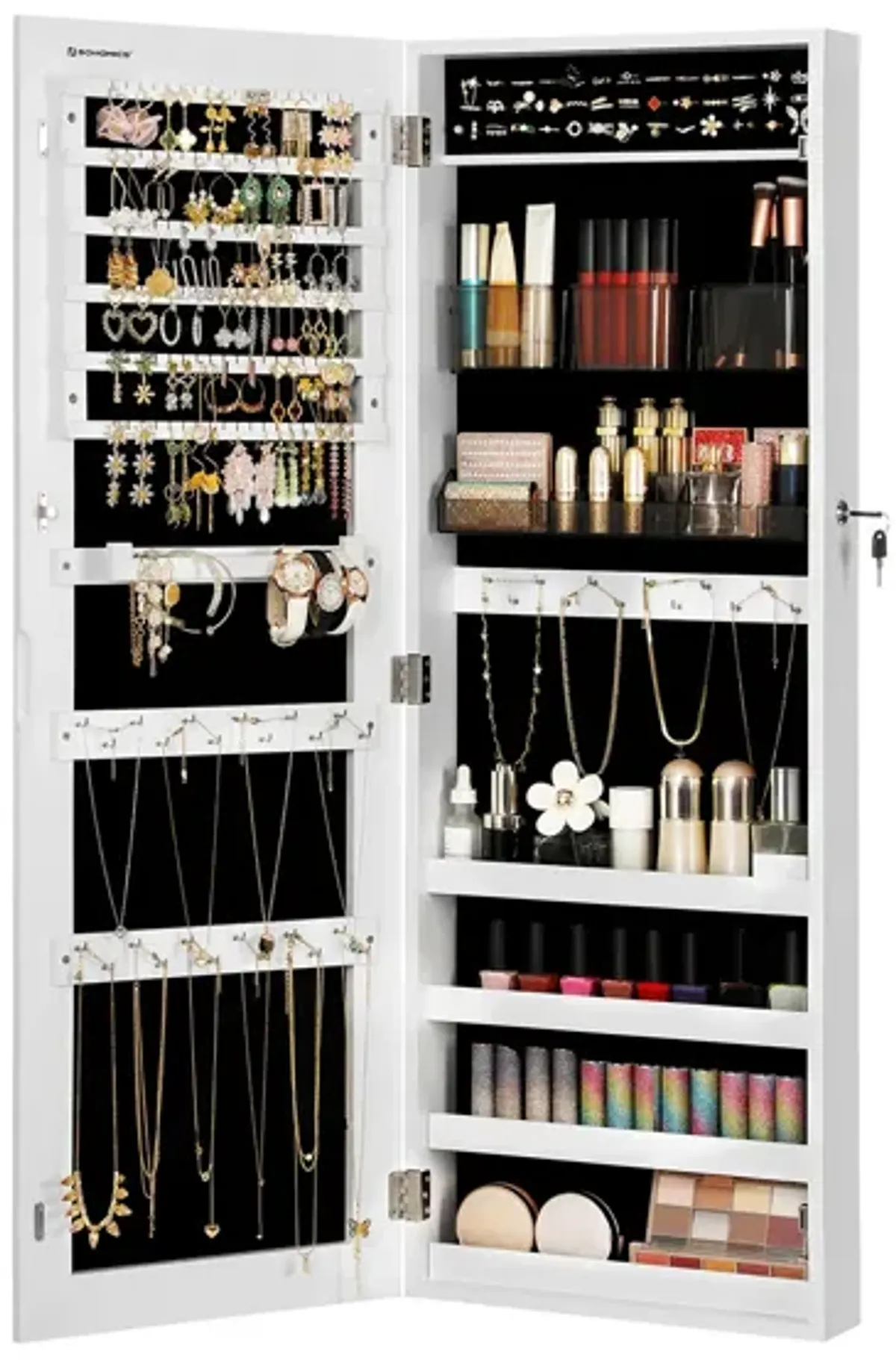 Frameless Full-Length Mirror Jewelry Armoire with Lock and Plastic Cosmetic Storage Trays