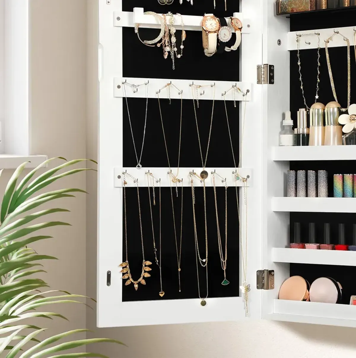 Frameless Full-Length Mirror Jewelry Armoire with Lock and Plastic Cosmetic Storage Trays