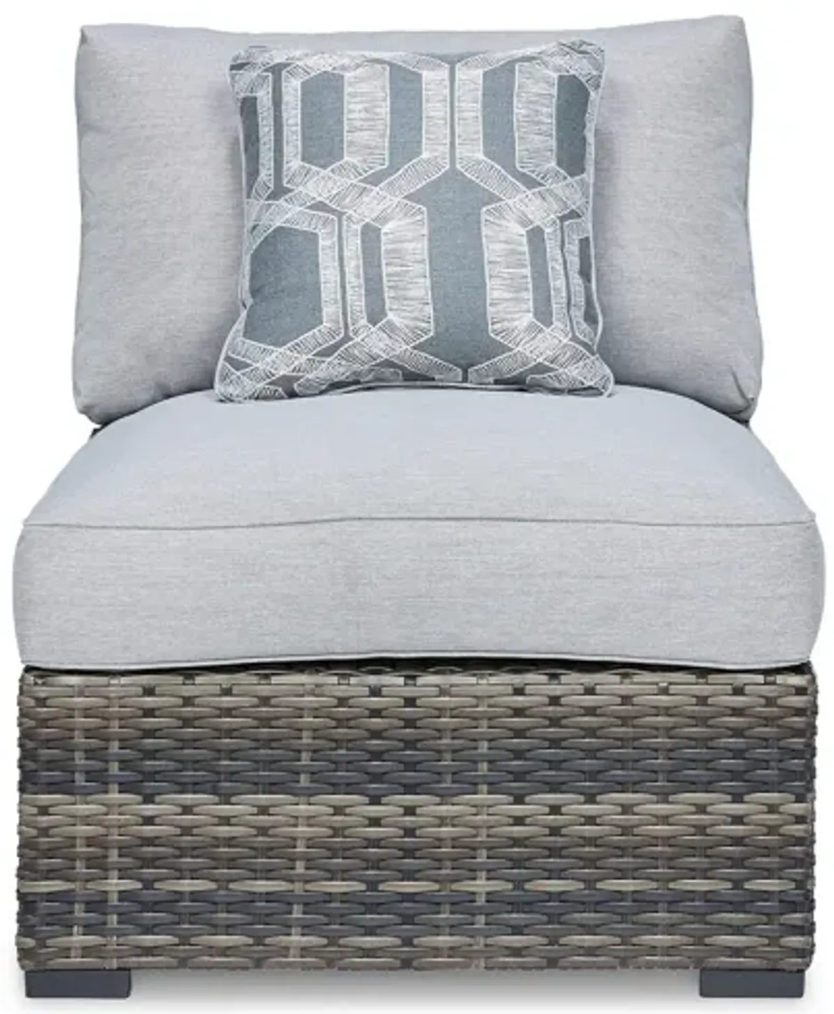 Saki 35 Inch Outdoor Armless Chair Set of 2 with 2 Pillows, Wicker, Gray - Benzara