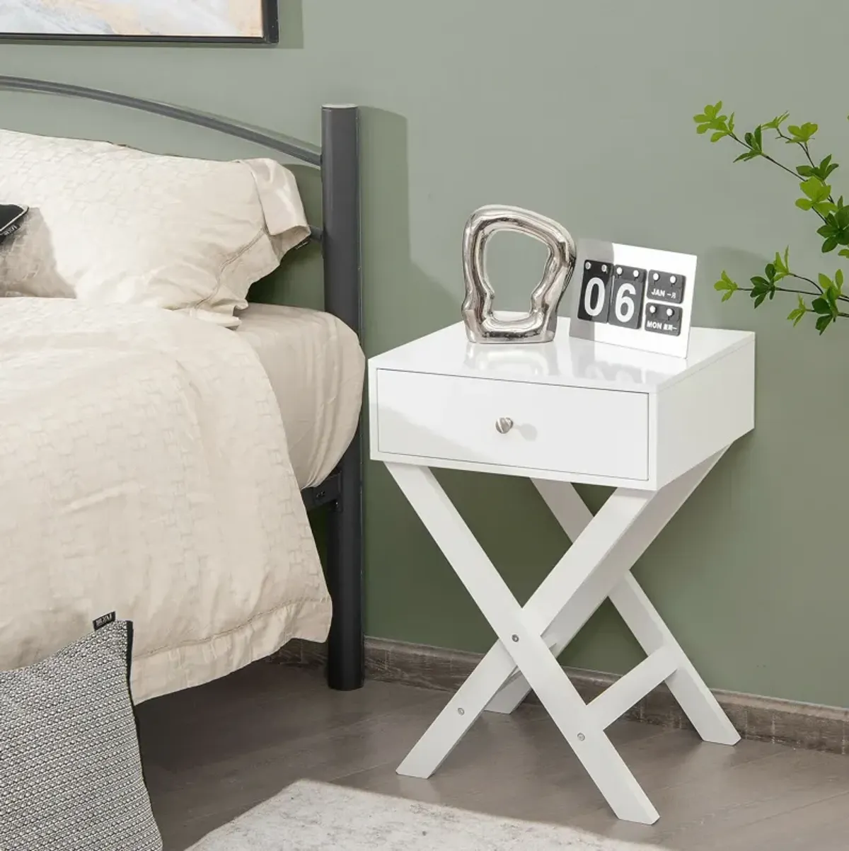 Modern X-Shaped Nightstand with Drawer for Living Room Bedroom