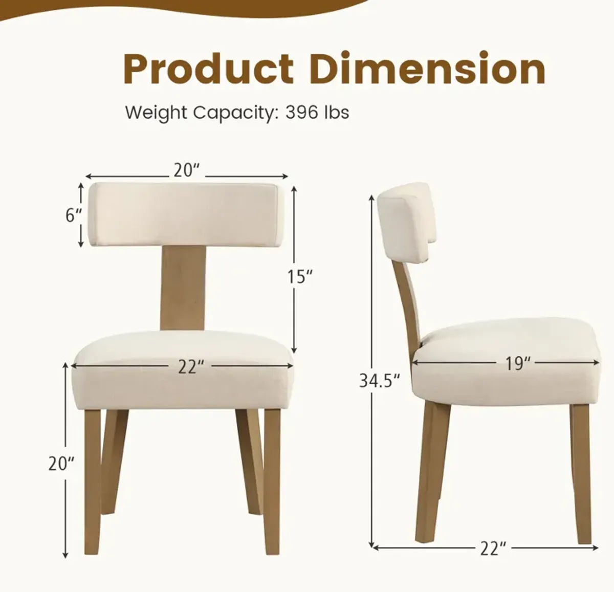 Dining Chairs Set of 2 with Curved Backrest Padded Seat