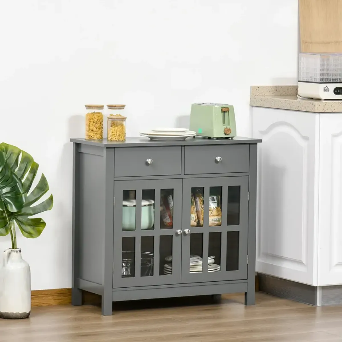 Gray Dining Storage: Sideboard Cabinet with Glass Doors and Drawers