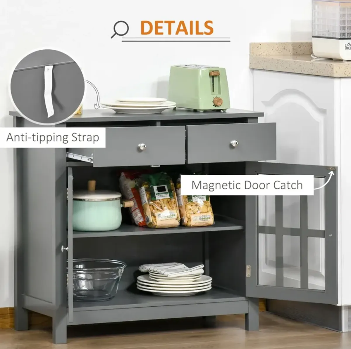 Gray Dining Storage: Sideboard Cabinet with Glass Doors and Drawers