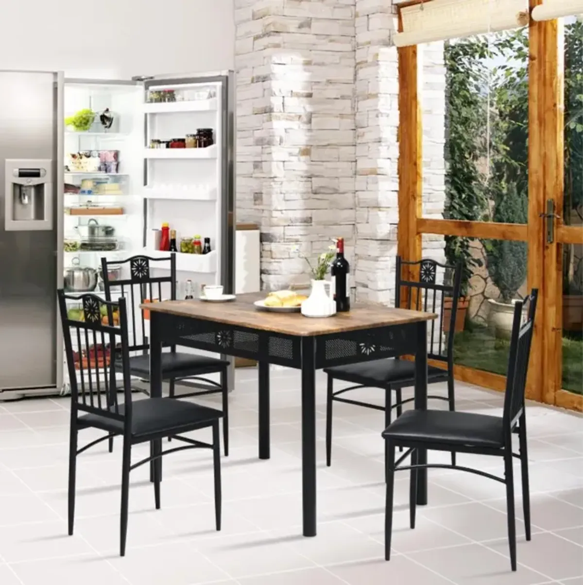 Hivvago 5 Pieces Dining Set Wood Metal Table and 4 Chairs with Cushions