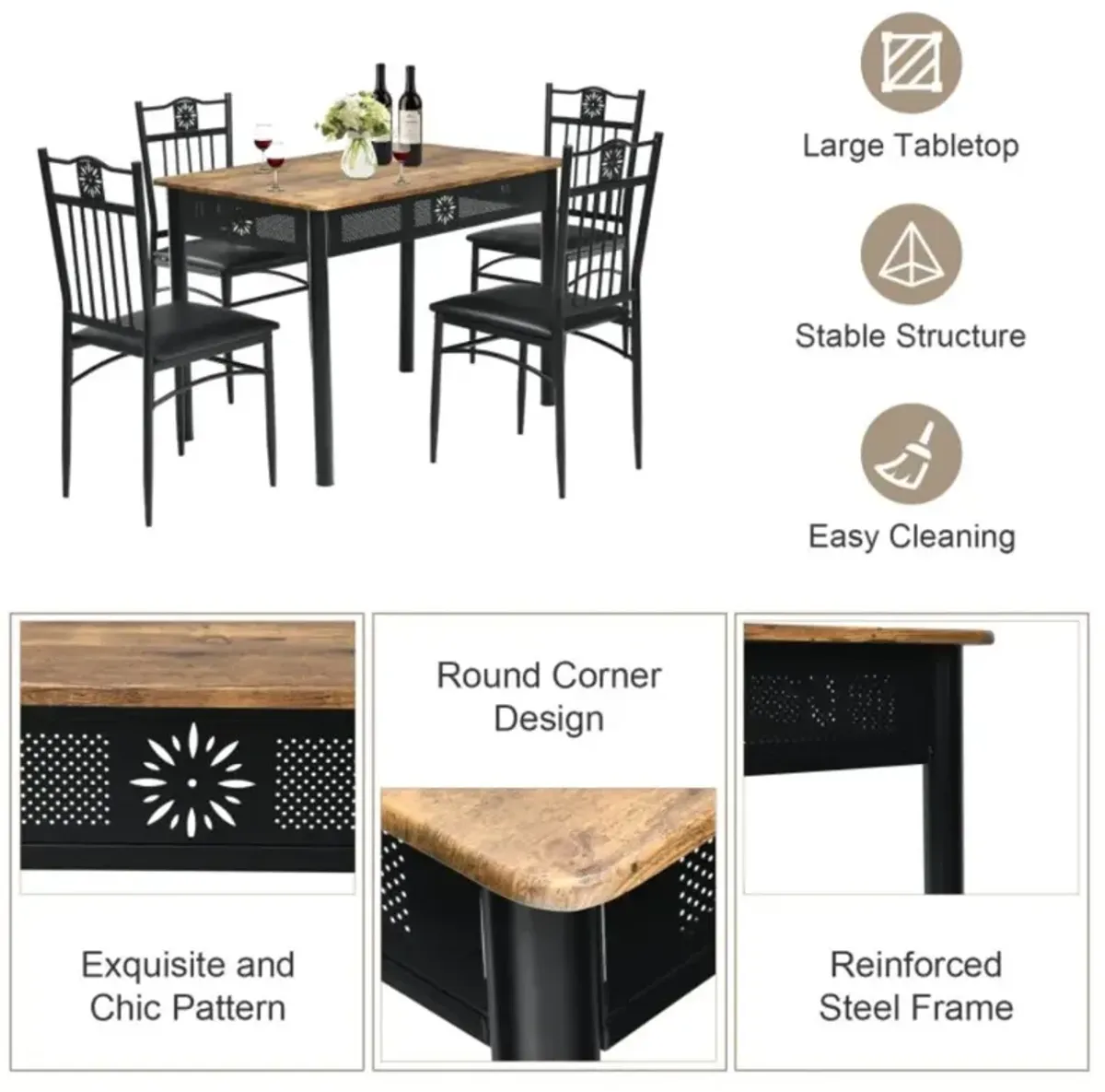 Hivvago 5 Pieces Dining Set Wood Metal Table and 4 Chairs with Cushions