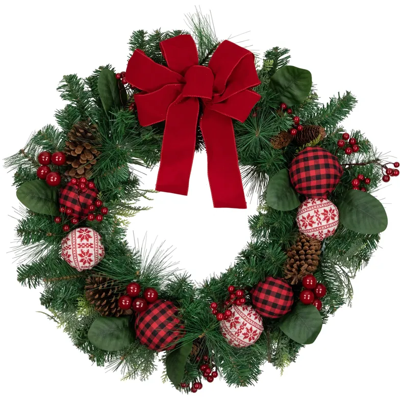 Red Bow and Mixed Foliage Artificial Christmas Wreath with Ornaments  30-Inch