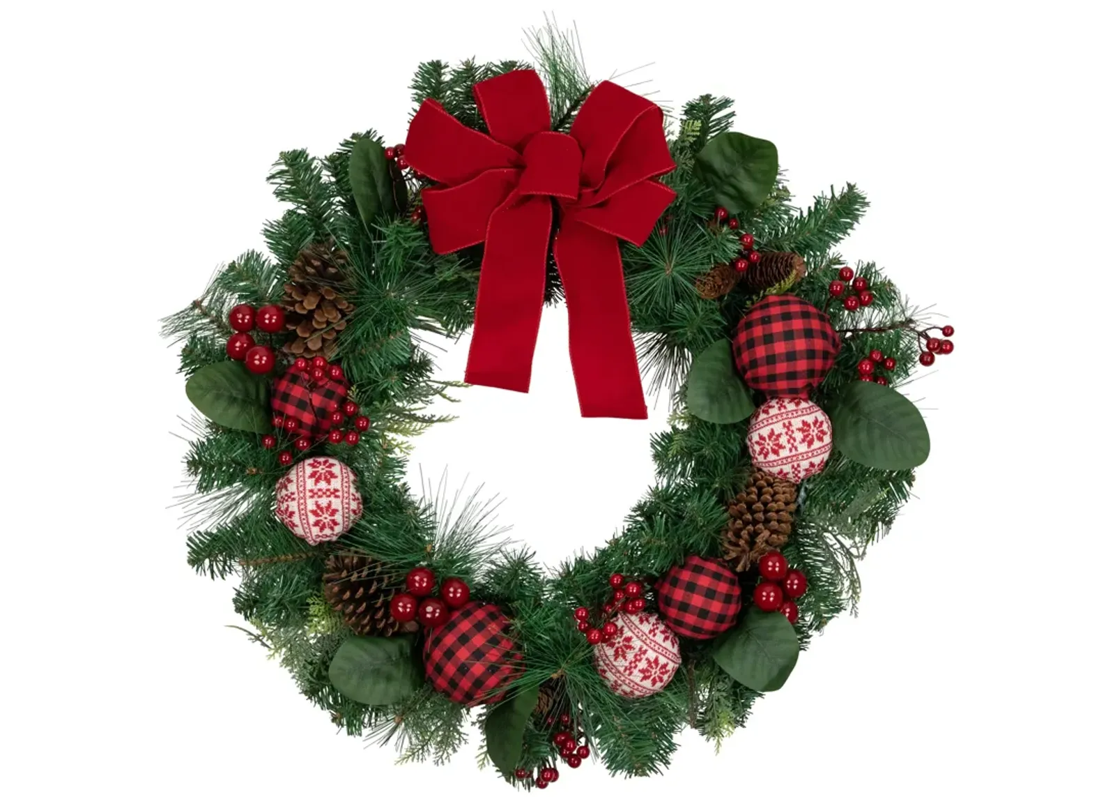 Red Bow and Mixed Foliage Artificial Christmas Wreath with Ornaments  30-Inch